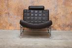 Als NIEUW! bruine leren Leolux Volare designfauteuil + poef, Leolux, Leolux, Design, 75 tot 100 cm