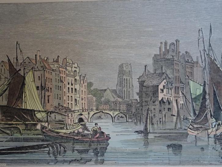 staalgravure Rotterdam haven Laurenskerk J.Jackson 19e eeuw, Antiek en Kunst, Kunst | Etsen en Gravures, Verzenden