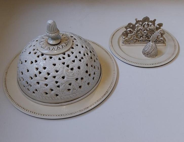 Brocant emaille serveerplateau + servethouder + belletje, Antiek en Kunst, Curiosa en Brocante, Ophalen of Verzenden