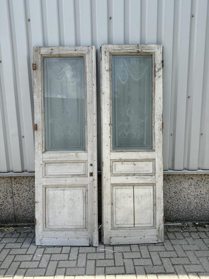 Zeer fraaie antieke ensuitedeuren met geetst glas uit 1890, Doe-het-zelf en Verbouw, Deuren en Horren, Gebruikt, Binnendeur, 215 cm of meer