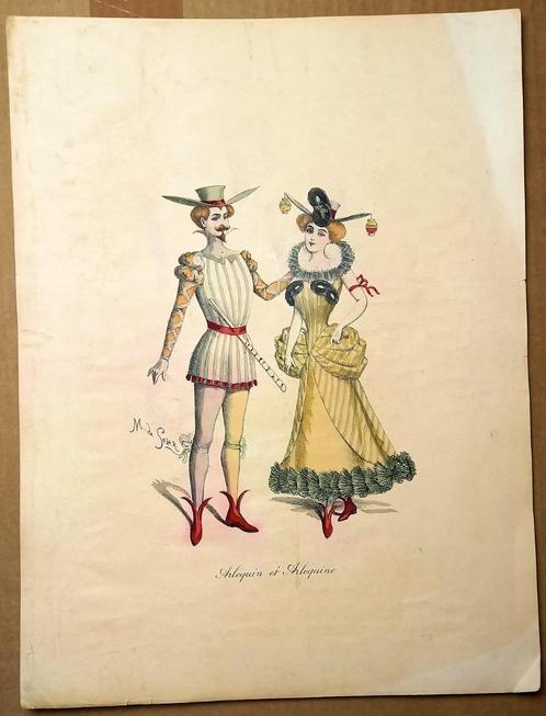 Prent Arlequin et Arlequine - M. de Solar, Antiek en Kunst, Kunst | Litho's en Zeefdrukken, Ophalen of Verzenden