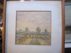 LOUIS DÖRR, Landschapje in aquarel met rechte korenschoven, Ophalen of Verzenden