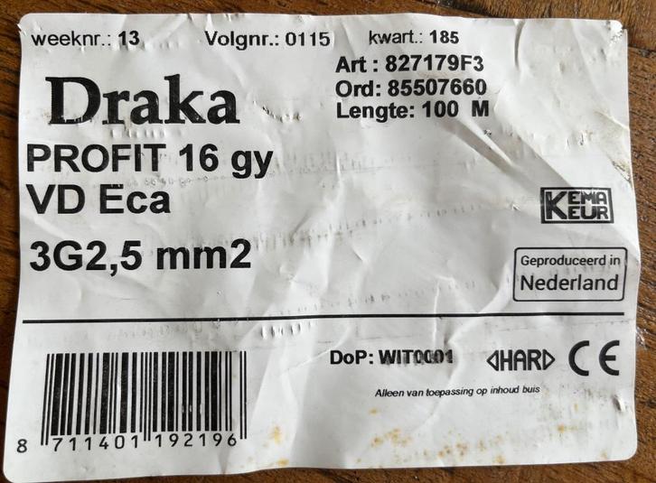 Installatiebuis DRAKA Profit 16 gy VD Eca en CAT6 kabel, Doe-het-zelf en Verbouw, Elektra en Kabels, Zo goed als nieuw, Kabel of Snoer