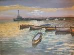Frankrijk acquarel bootjes baai pier, Antiek en Kunst, Kunst | Schilderijen | Klassiek, Verzenden
