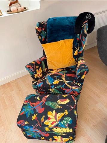 Ikea Strandmon oorfauteuil + voetenbank met nieuwe hoezen beschikbaar voor biedingen