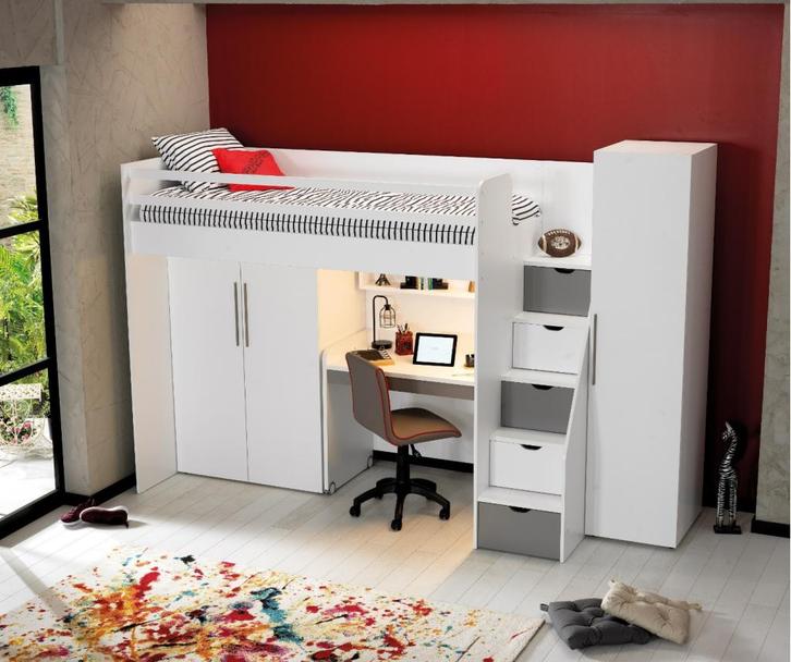 Neo hoogslaper met bureau en twee kledingkasten - 90x200 - W, Huis en Inrichting, Slaapkamer | Stapelbedden en Hoogslapers, Nieuw