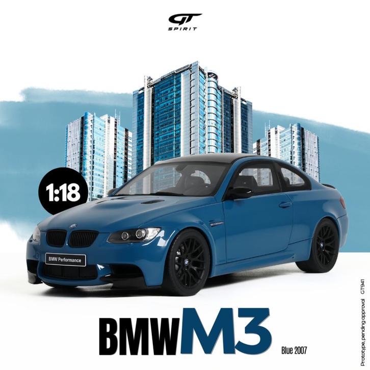 Jsn GT Spirit 1:18 BMW M3 E92 2007 blauw, Hobby en Vrije tijd, Modelauto's | 1:18, Nieuw, Auto, Overige merken, Ophalen of Verzenden