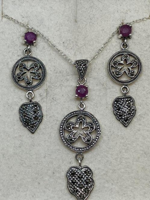 Zilveren Setje met Echte Robijn - 925 Zilver, Sieraden, Tassen en Uiterlijk, Oorbellen, Nieuw, Knopjes of Stekers, Zilver, Rood