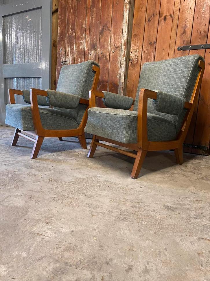 Exclusieve design fauteuils. Nederlands Design. Jaren ‘50., Huis en Inrichting, Stoelen, Gebruikt, Twee, Hout, Stof, Overige kleuren