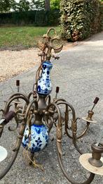 Vintage kroonluchter messing met Delfts blauw+2 wandlampen, Ophalen, Zo goed als nieuw