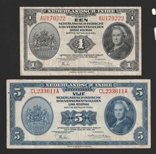 wilhelmina 1 & 5 GLD 1943 nederlands indië mooie exemplaren, Postzegels en Munten, Bankbiljetten | Azië, Zuid-Azië, Ophalen of Verzenden