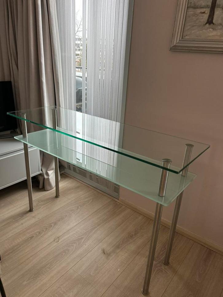 Glazen sidetable, Huis en Inrichting, Tafels | Sidetables, Zo goed als nieuw, 25 tot 50 cm, 100 tot 150 cm, Rechthoekig, Glas