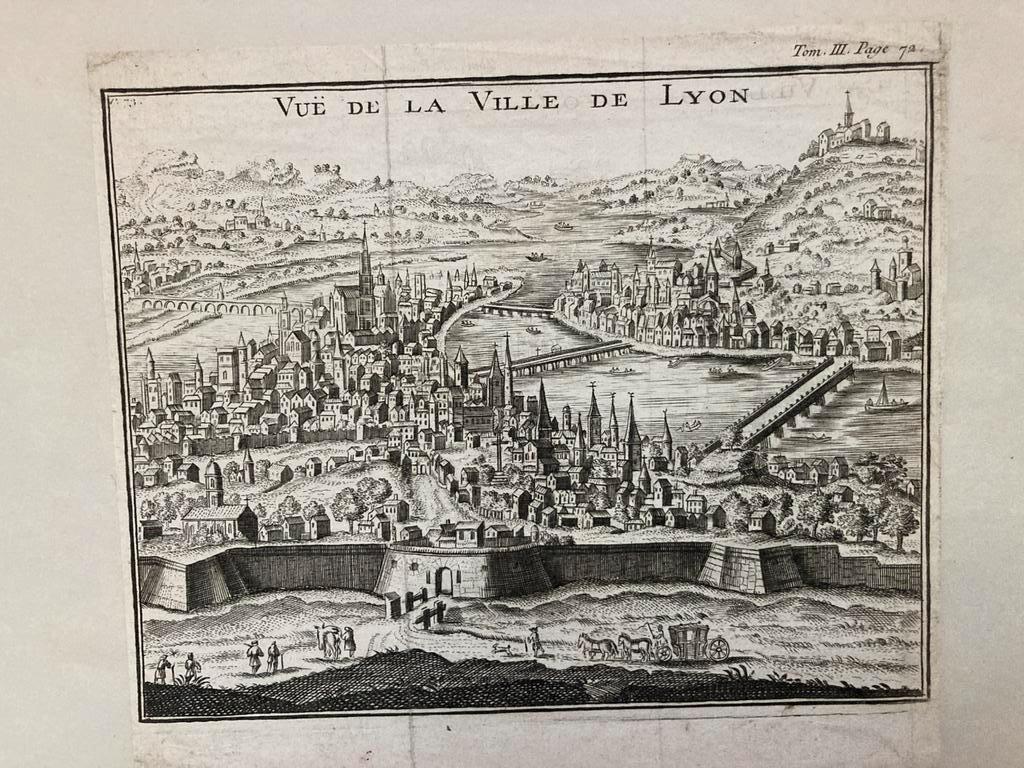 Antieke gravure "Vuë de la Ville de Lyon",  afb. 17x13,5 cm., Ophalen of Verzenden