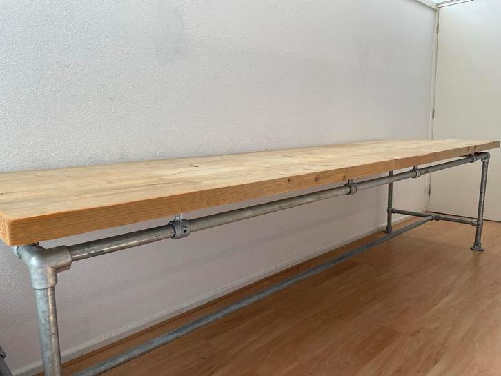 Steigerhouten Bureau met Steigerbuis Onderstel, Huis en Inrichting, Tafels | Eettafels, Gebruikt, 200 cm of meer, 200 cm of meer