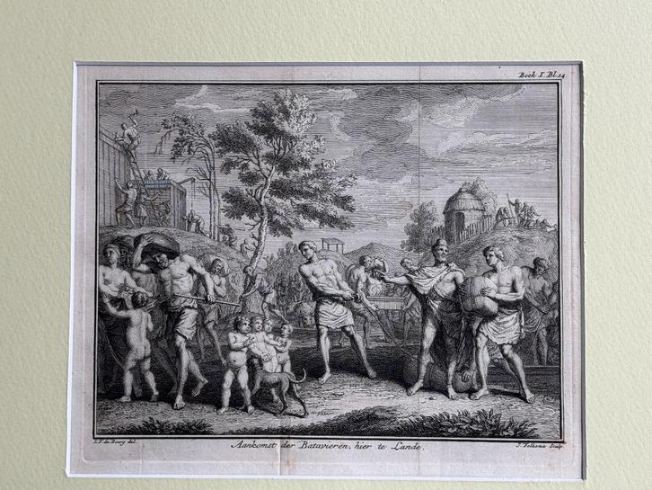 1749 Aankomst der batavieren - Folkema, Antiek en Kunst, Kunst | Etsen en Gravures, Ophalen of Verzenden