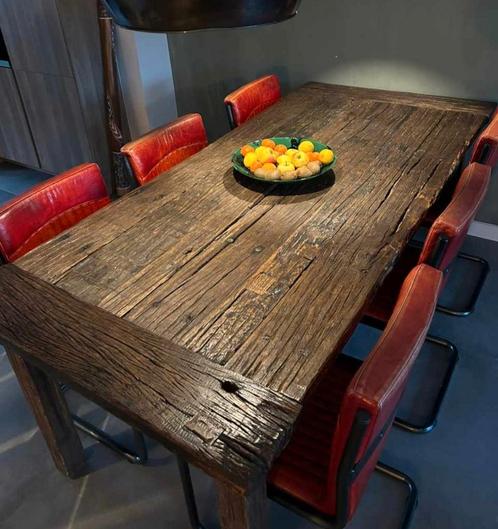 Eettafel 220 x 100 cm massief Mahonie hout robuust grof, Huis en Inrichting, Tafels | Eettafels, Zo goed als nieuw, Ophalen of Verzenden