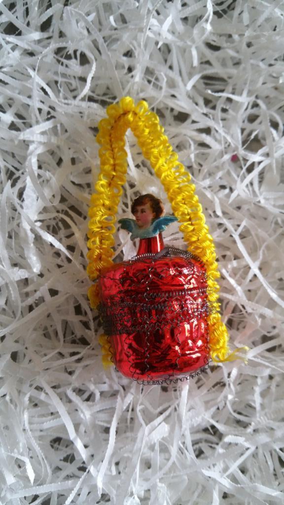 antieke kerstbal nr 154 model mandje oude poezieprent, Diversen, Kerst, Gebruikt, Ophalen of Verzenden