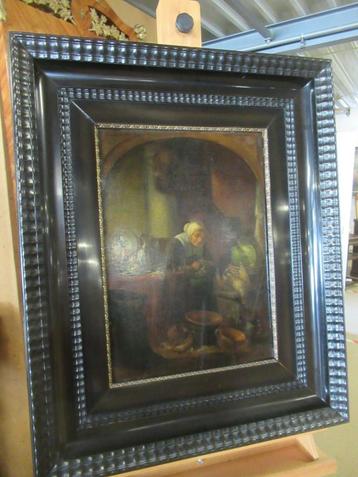 Oer 11618 antiek schilderij "oude vrouw aan het schillen" beschikbaar voor biedingen