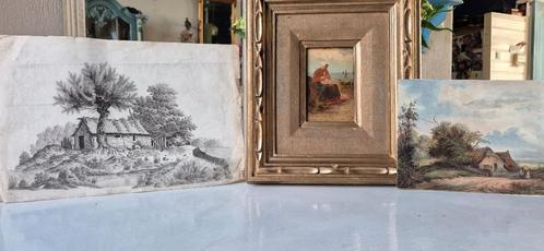 Hollandse school: Schilderij en 2 tekeningen, 19e eeuw, Antiek en Kunst, Kunst | Schilderijen | Klassiek, Verzenden