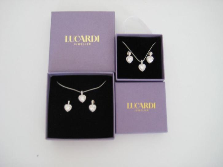 Lucardi 2x zilveren set ketting en oorbellen hart NIEUW, Sieraden, Tassen en Uiterlijk, Kettingen, Nieuw, Zilver, Zilver, Met hanger