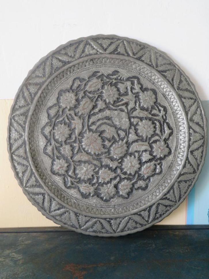 Antieke Perzische schaal dienblad vertind koper - 43 cm, Antiek en Kunst, Antiek | Woonaccessoires, Ophalen of Verzenden