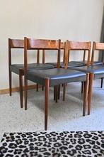 Set van 6 Eetkamerstoelen pallisander met zwart leren zit, Ophalen, Zwart, Leer, Zo goed als nieuw
