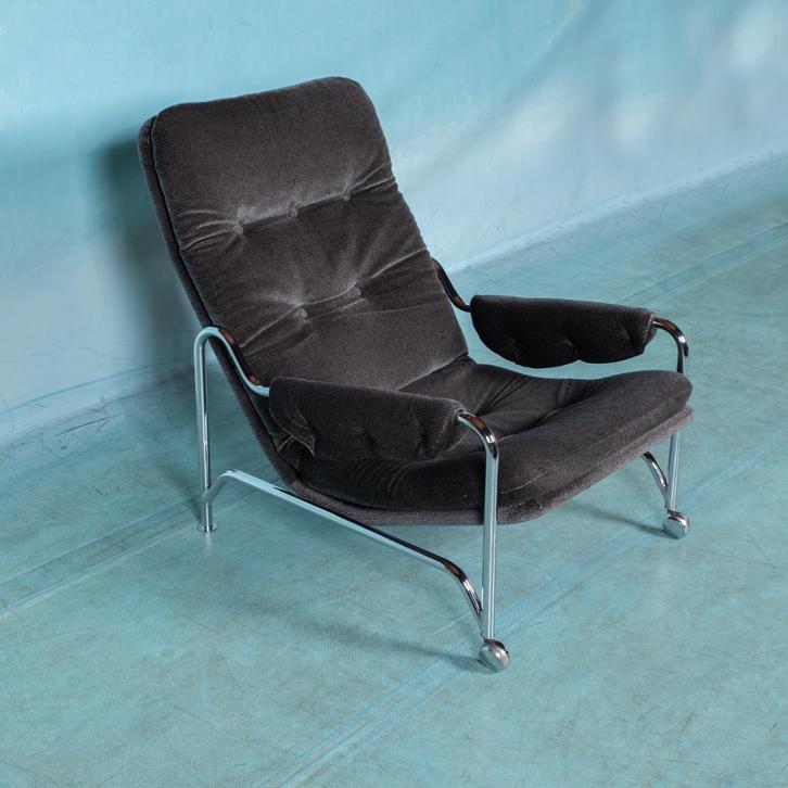 Space age relax stoel 70s l buisframe chrome lounge chair, Huis en Inrichting, Fauteuils, Gebruikt, Metaal, Stof, Overige materialen