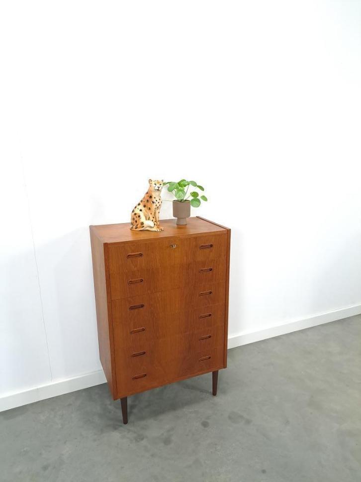 Deense teak ladekast met 6 lades en mooie handgrepen, Huis en Inrichting, Kasten | Ladekasten, Gebruikt, 100 tot 150 cm, 50 tot 100 cm