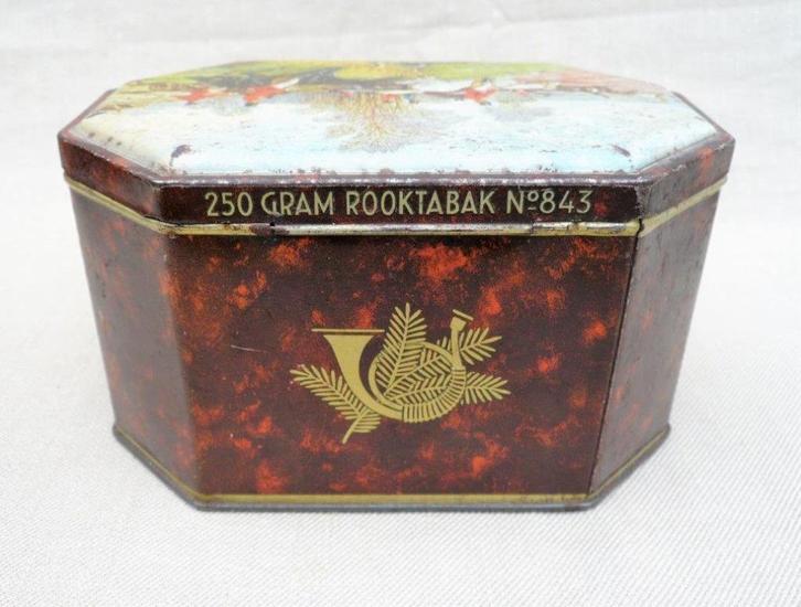 blik leeg! 250 gram rooktabak No 843 jacht tafereel 8hoekig., Verzamelen, Rookartikelen, Aanstekers en Luciferdoosjes, Gebruikt