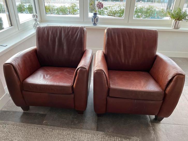 2 Henders & Hazel leren fauteuils - Bruin, Huis en Inrichting, Fauteuils, Gebruikt, Leer, Ophalen