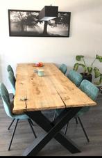 Eiken eettafel met X-poten + stoelen, Huis en Inrichting, Tafels | Eettafels, 200 cm of meer, 50 tot 100 cm, Gebruikt, Rechthoekig