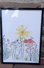Bloementuin Tekening met Vogelhuisje, Ophalen of Verzenden