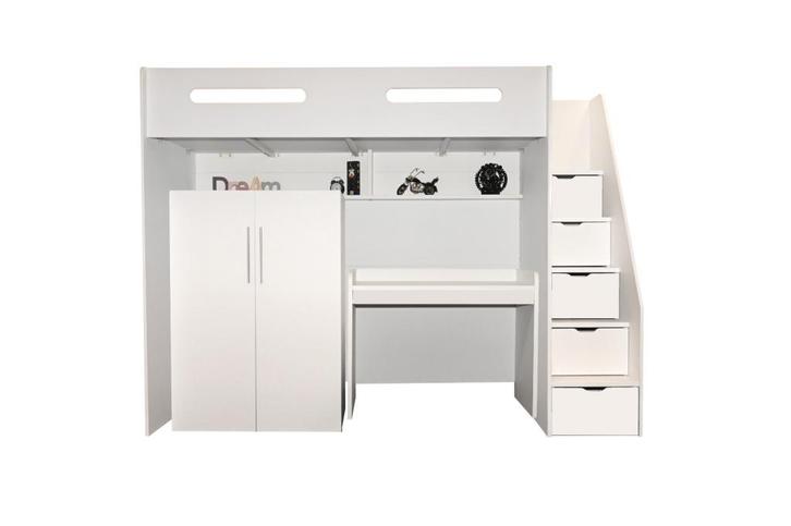 Options hoogslaper met bureau en kledingkast - 90x200 - Wit, Huis en Inrichting, Slaapkamer | Stapelbedden en Hoogslapers