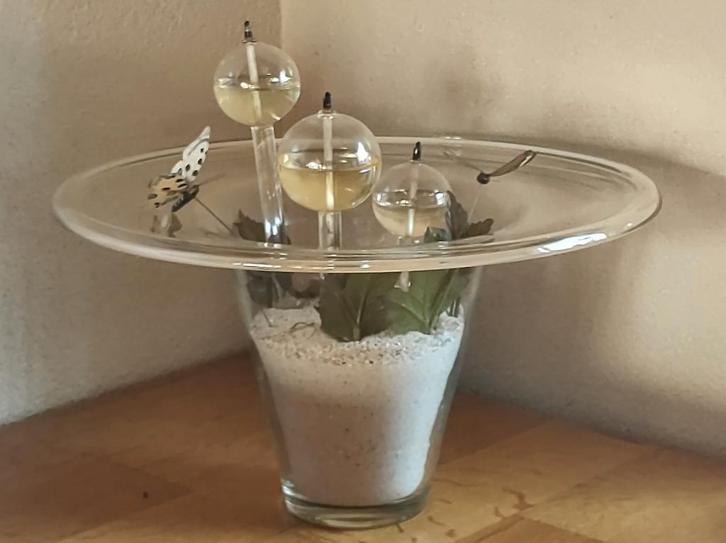 Glazen schaal met 3 branders op lampolie, Huis en Inrichting, Woonaccessoires | Kandelaars en Kaarsen, Zo goed als nieuw, Kandelaar