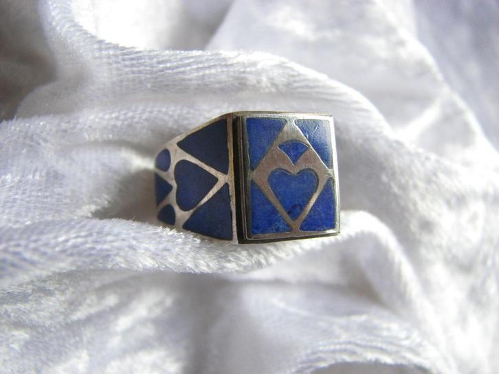 Mooie Handgemaakte Zilveren Ring met Lapis Lazuli - heren, Sieraden, Tassen en Uiterlijk, Antieke sieraden, Ring, Zilver, Met edelsteen