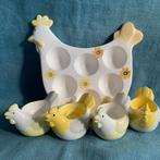 Eierbord schaal kip met 4 kuikens eierdoppen set, Huis en Inrichting, Keuken | Servies, Gebruikt, Keramiek, Ophalen of Verzenden
