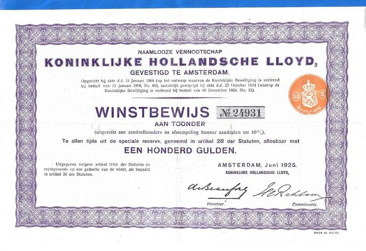 Koninklijke Hollandsche Lloyd, Winstbewijs, 100 Gulden, 1925, Postzegels en Munten, Aandelen en Waardepapieren, Obligatie of Lening