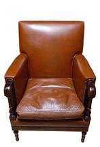 Cognac kleurige lederen armzetel in mahoniehout., Ophalen