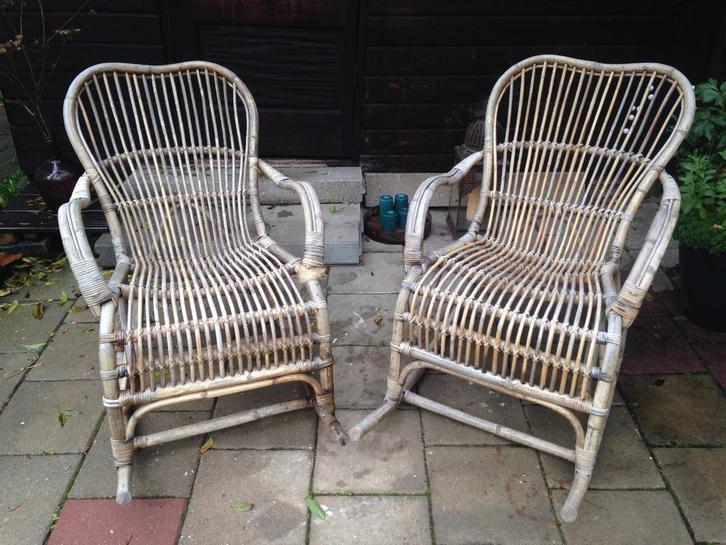 Twee bamboe schommelstoelen, Huis en Inrichting, Stoelen, Gebruikt, Twee, Riet of Rotan, Bruin, Ophalen