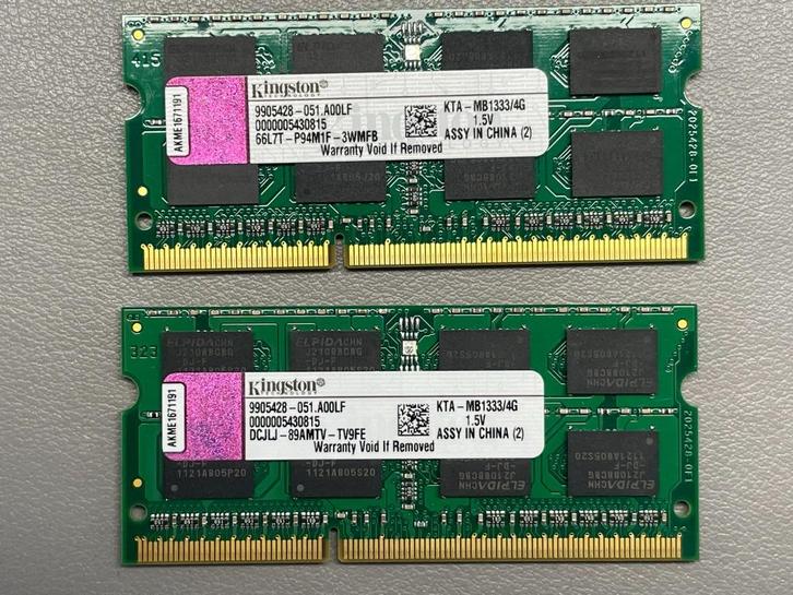 Kingston 4 GB DDR3 SO-DIMM PC3-10600 1333Mhz, Computers en Software, RAM geheugen, Zo goed als nieuw, Laptop, 4 GB, DDR3, Ophalen of Verzenden