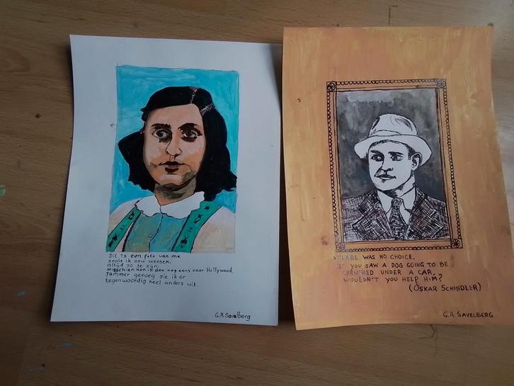 2 pentekeningen 1 van Anne Frank 1 van Oskar Schindler, Antiek en Kunst, Kunst | Tekeningen en Foto's, Ophalen of Verzenden