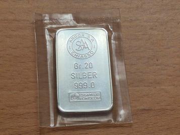 20 gram zilverbaar. Argor S.A. Chiasso. Puur zilver in seal. beschikbaar voor biedingen