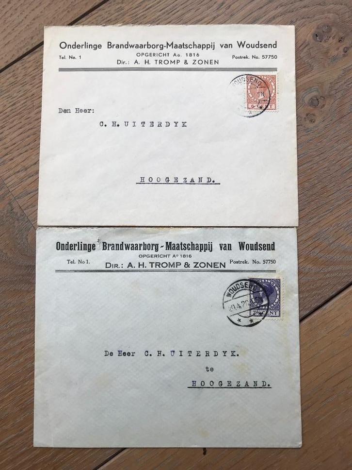 NEDERLAND, 2 Puntgave enveloppen van de O.B-M. van Woudsend., Postzegels en Munten, Brieven en Enveloppen | Nederland, Envelop