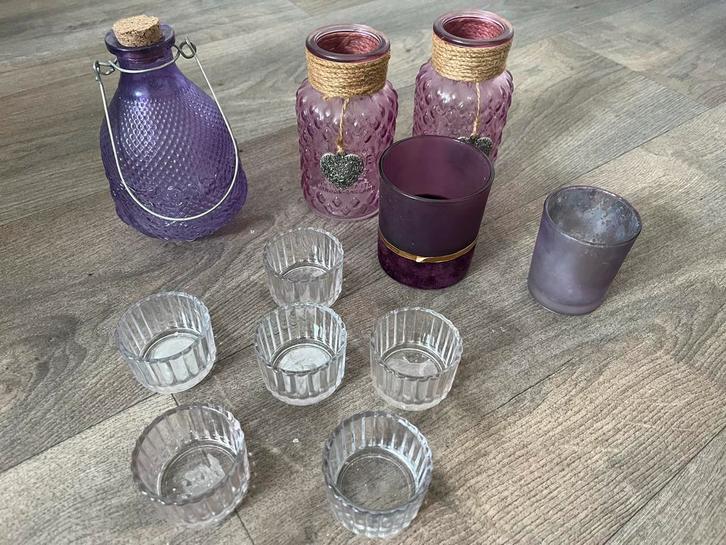 Kaarsenstandaard & Paarse Vaasjes Set, Huis en Inrichting, Woonaccessoires | Kandelaars en Kaarsen, Gebruikt, Kandelaar, Minder dan 25 cm