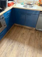Blauwe Hoekkeuken met Houten Blad, Huis en Inrichting, Keuken | Complete keukens, Ophalen, Gebruikt, Blauw, Hoekkeuken