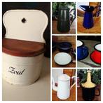 Emaille kan koffiepot groen/blauw /wit b.v. bloemen zoutpot, Antiek en Kunst, Ophalen of Verzenden