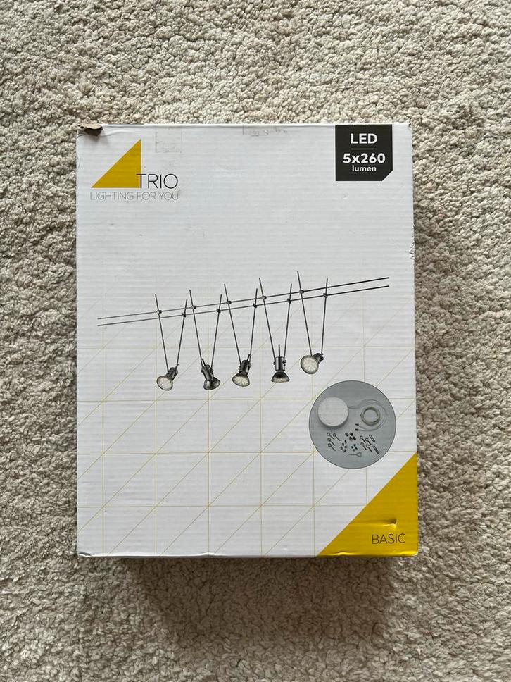 Trio Lighting kabelsysteem met 5 LED spots, Huis en Inrichting, Lampen | Spots, Nieuw, Plafondspot of Wandspot, Metaal of Aluminium
