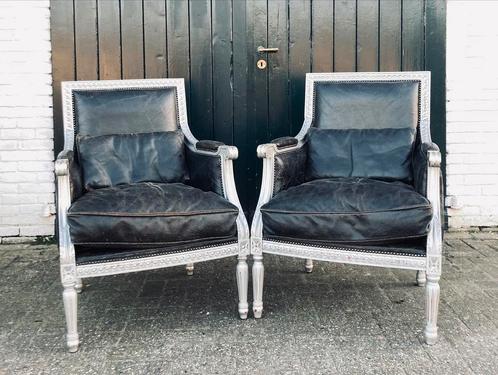 Gave set chesterfield fauteuils zwart craquelé leer., Huis en Inrichting, Fauteuils, Zo goed als nieuw, Leer, Minder dan 75 cm