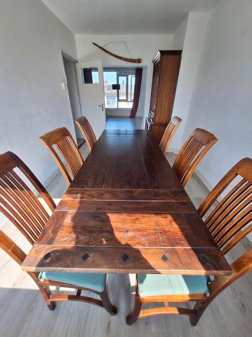 Complete eettafelset uitschuifbaar zwaar hout, Huis en Inrichting, Complete eetkamers, Gebruikt, Ophalen