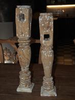 2 Stoere Houten kaarsenstandaards, Huis en Inrichting, Gebruikt, 25 tot 50 cm, Ophalen of Verzenden, Kandelaar